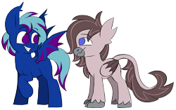 Size: 3871x2432 | Tagged: safe, artist:taaffeiite, derpibooru exclusive, oc, oc only, oc:dusk swirl, oc:night wing, bat pony, hippogriff, bat pony oc, colored sketch, commission, duo, female, high res, hippogriff oc, male, mare, raised hoof, simple background, sketch, smiling, transparent background, unshorn fetlocks