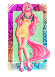 Size: 2480x3507 | Tagged: safe, artist:minamikoboyasy, fluttershy, bird, human, g4, clothes, dress, female, high heels, high res, humanized, legs, shoes, solo