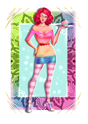 Size: 2480x3507 | Tagged: safe, artist:minamikoboyasy, pinkie pie, human, g4, bare shoulders, breasts, cleavage, clothes, converse, cupcake, dress, female, food, high res, humanized, one eye closed, rainbow cupcake, shoes, socks, solo, striped socks, wink