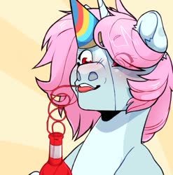 Size: 1065x1077 | Tagged: safe, artist:xcolorblisssketchx, oc, oc only, oc:scoops, pony, unicorn, blushing, drinking, drunk, female, hat, mare, markings, party hat, solo, tongue out, vodka cruiser