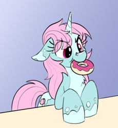 Size: 403x438 | Tagged: safe, artist:anontheanon, oc, oc only, oc:scoops, pony, unicorn, bipedal, bipedal leaning, donut, eye clipping through hair, floppy ears, food, leaning, markings, mouth hold, pale belly, solo