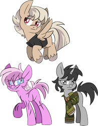 Size: 2527x3243 | Tagged: safe, artist:taaffeiite, derpibooru exclusive, oc, oc only, oc:deathwish, oc:dossier, oc:terminal velocity, earth pony, pegasus, pony, unicorn, fanfic:shadow of equestria, clothes, fanfic art, female, high res, male, mare, scar, simple background, stallion, transparent background, trio, unshorn fetlocks