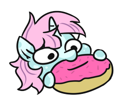 Size: 447x382 | Tagged: safe, artist:jargon scott, oc, oc only, oc:scoops, pony, unicorn, donut, food, nom, simple background, solo, transparent background