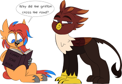 Size: 3165x2206 | Tagged: safe, artist:taaffeiite, derpibooru exclusive, oc, oc only, classical hippogriff, griffon, hippogriff, book, book of jokes, colored sketch, commission, dialogue, eyeroll, female, griffon oc, high res, hippogriff oc, male, simple background, sitting, sketch, speech bubble, transparent background, unamused, why did the chicken cross the road?