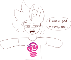 Size: 2522x2137 | Tagged: safe, artist:taaffeiite, derpibooru exclusive, oc, oc only, oc:cyberia starlight, earth pony, pony, clothes, dialogue, female, high res, mad magazine, mare, monochrome, my little pwny, partial color, shirt, simple background, speech bubble, t pose, t-shirt, transparent background