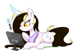Size: 1327x889 | Tagged: safe, artist:redheartponiesfan, oc, oc only, oc:sereria, pony, unicorn, computer, magic, prone, simple background, solo, transparent background