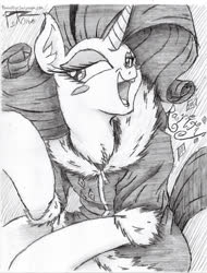 Size: 730x960 | Tagged: safe, artist:petanoprime, rarity, pony, unicorn, g4, blush sticker, blushing, clothes, female, grayscale, hoodie, mare, monochrome, open mouth, signature, smiling, solo, text, traditional art
