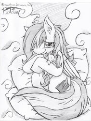 Size: 727x960 | Tagged: safe, artist:petanoprime, fluttershy, oc, oc only, oc:shy pony, pegasus, pony, cloud, ear fluff, grayscale, male, monochrome, on a cloud, pegasus oc, pillow, plushie, shy, signature, smiling, solo, stallion, text, tongue out, traditional art, wings