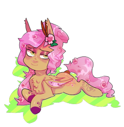 Size: 1445x1489 | Tagged: safe, artist:octogreed, oc, oc only, bat pony, pony, bat pony oc, chest fluff, flower, flower in hair, simple background, solo, transparent background