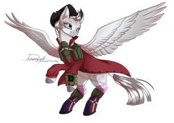 Size: 2912x2059 | Tagged: safe, artist:dreamyartcosplay, oc, oc only, oc:crystal eclair, cyborg, pegasus, pony, fallout equestria, boots, clothes, hat, high res, looking back, pegasus oc, pipbuck, rearing, shoes, signature, simple background, solo, transparent background, wings