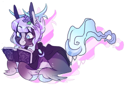 Size: 1024x704 | Tagged: safe, artist:octogreed, oc, oc only, pony, antlers, book, cape, clothes, colored pupils, reading, simple background, solo, transparent background, unshorn fetlocks