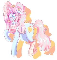 Size: 868x921 | Tagged: safe, artist:octogreed, oc, oc only, bird, pony, unicorn, clothes, floppy ears, neckerchief, pigtails, raised hoof, simple background, socks, solo, tail wrap, transparent background