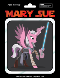 Size: 2550x3300 | Tagged: safe, artist:samoht-lion, oc, oc only, oc:mary sue, alicorn, pony, alicorn oc, bandage, clothes, crossover, female, glowing horn, high res, horn, lightsaber, magic, mare, raised hoof, solo, star wars, telekinesis, weapon