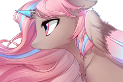 Size: 1200x800 | Tagged: safe, artist:swaybat, oc, oc only, alicorn, bat pony, bat pony alicorn, pony, bat pony oc, chest fluff, colored horn, colored wings, female, floppy ears, horn, mare, profile, signature, simple background, solo, white background, windswept mane, wings