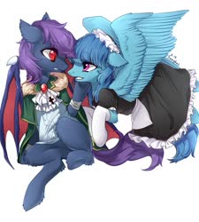 Size: 1154x1280 | Tagged: safe, artist:swaybat, oc, oc only, bat pony, pegasus, pony, bat pony oc, clothes, cross, duo, ear fluff, female, floppy ears, hoof on chin, jewelry, looking at each other, maid, maid headdress, mare, necklace, signature, simple background, slit pupils, socks, spread wings, white background, white socks, wing claws, wings