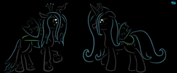Size: 900x375 | Tagged: safe, artist:quint-t-w, princess cadance, queen chrysalis, alicorn, changeling, changeling queen, pony, g4, awkward smile, dark background, disguise, female, looking at each other, old art, smiling