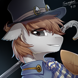 Size: 800x800 | Tagged: safe, artist:swaybat, oc, oc only, oc:斑仔, pony, black background, bust, ear fluff, floppy ears, hat, looking at you, male, portrait, signature, simple background, solo, stallion, steampunk, stick