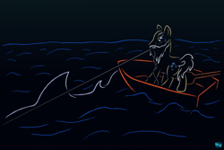 Size: 750x500 | Tagged: safe, artist:quint-t-w, earth pony, pony, shark, beard, boat, dark background, facial hair, fishing, ocean, old, old art, paddle, the old man and the sea