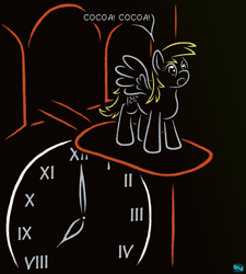 Size: 540x600 | Tagged: safe, artist:quint-t-w, derpy hooves, pegasus, pony, g4, clock, cuckoo clock, dark background, dialogue, female, old art, solo