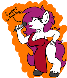 Size: 838x965 | Tagged: safe, alternate version, artist:drheartdoodles, oc, oc:mamma, clydesdale, anthro, unguligrade anthro, armpits, big breasts, breasts, clothes, digital, dress, female, hand on hip, microphone, milf, singing, sketch, smiling, solo, thighs, thunder thighs