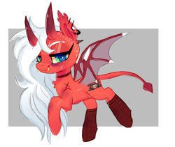 Size: 1070x904 | Tagged: safe, artist:peachesandcreamated, oc, oc only, oc:mayniacal, demon, demon pony, monster pony, original species, abstract background, amputee, clothes, devil horns, female, makeup, mare, smiling, socks, solo