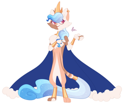 Size: 2702x2277 | Tagged: safe, artist:polymercorgi, oc, oc only, hybrid, anthro, digitigrade anthro, cape, clothes, crown, ethereal hair, ethereal mane, ethereal tail, high res, interspecies offspring, jewelry, offspring, parent:capper dapperpaws, parent:princess celestia, parents:capperlestia, regalia, simple background, solo, starry mane, white background