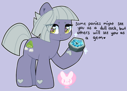Size: 3940x2815 | Tagged: safe, artist:bunxl, limestone pie, earth pony, pony, the maud couple, cutie mark, eye clipping through hair, female, gemstones, geode, hoof hold, looking at you, mare, positive ponies, purple background, simple background, smiling, solo, text
