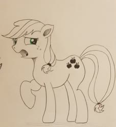 Size: 1976x2181 | Tagged: safe, artist:polar_storm, applejack, earth pony, pony, g4, female, mare, monochrome, partial color, simple background, sketch, solo, traditional art, white background, worried