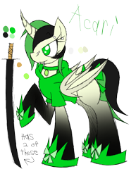 Size: 888x1150 | Tagged: safe, artist:didun850, oc, oc only, oc:feather breeze, alicorn, bat pony, bat pony alicorn, pony, alicorn oc, clothes, disguise, disguised changeling, ear piercing, fangs, female, hoof shoes, horn, jewelry, katana, mare, necklace, piercing, simple background, solo, sword, transparent background, weapon