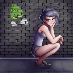 Size: 1000x1000 | Tagged: safe, artist:the-park, limestone pie, human, g4, bra strap, clothes, female, graffiti, humanized, kneeling, painting, sexy, shoes, shorts, sleeveless, solo, squatting, tank top, tomboy