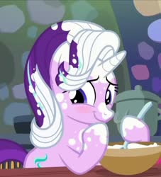 Size: 982x1080 | Tagged: safe, screencap, starlight glimmer, pony, unicorn, every little thing she does, g4, season 6, blushing, cooking, cropped, cute, female, flour, glimmerbetes, mare, smiling, solo