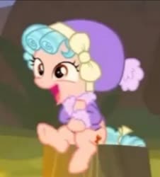 Size: 245x271 | Tagged: safe, screencap, cozy glow, pegasus, pony, frenemies (episode), g4, cozybetes, cropped, cute, female, filly, happy, laughing, tree stump