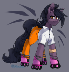 Size: 1891x1945 | Tagged: safe, artist:mediasmile666, oc, oc:whisper step, earth pony, pony, clothes, female, mare, pants, roller skates, shirt, smiling, space horse rpg, sweatband
