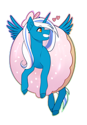 Size: 1546x2216 | Tagged: safe, alternate version, artist:royvdhel-art, oc, oc:fleurbelle, alicorn, pony, adorabelle, adorable face, alicorn oc, bow, cute, donut, female, food, grin, hair bow, heart, horn, mare, simple background, smiling, sprinkles, transparent background, yellow eyes