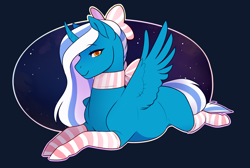 Size: 2584x1734 | Tagged: safe, artist:royvdhel-art, oc, oc only, oc:fleurbelle, alicorn, pony, alicorn oc, bedroom eyes, bow, clothes, female, hair bow, horn, mare, prone, smiling, smiling at you, socks, striped socks, yellow eyes