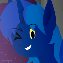 Size: 1080x1080 | Tagged: safe, artist:roxolabs, oc, oc only, pony, unicorn, commission, grin, one eye closed, smiling, solo, space, stars, wink