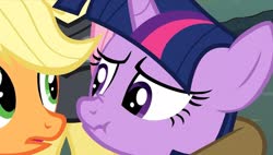 Size: 1907x1080 | Tagged: safe, screencap, applejack, twilight sparkle, earth pony, pony, unicorn, g4, hearth's warming eve (episode), adorable face, cute, hearth's warming, scrunchy face