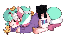 Size: 1326x780 | Tagged: safe, artist:cottonsweets, oc, oc only, oc:cottonsweets, bird, candy pony, cat, cat pony, duck, food pony, original species, pony, unicorn, black cat, clothes, cute, female, food, mare, marshmallow, multicolored mane, nuzzling, simple background, smiling, solo, sweater, transparent background