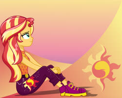 Size: 4526x3617 | Tagged: safe, artist:diilaycc, sunset shimmer, equestria girls, g4, let it rain, my little pony equestria girls: better together, boots, cutie mark, cutie mark background, female, gradient background, hands together, happy, music festival outfit, shoes, sitting, solo
