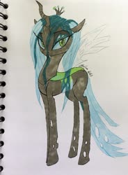 Size: 2818x3821 | Tagged: dead source, safe, artist:galinn-arts, queen chrysalis, changeling, changeling queen, g4, cute, cutealis, eyeshadow, female, high res, looking at you, makeup, solo, traditional art