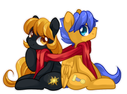 Size: 816x608 | Tagged: safe, artist:loyaldis, oc, oc only, oc:crushingvictory, oc:golden glory, earth pony, pegasus, pony, back to back, clothes, cute, folded wings, holding hoof up, looking at each other, ocbetes, scarf, shared clothing, shared scarf, sharing, simple background, smiling, transparent background, wings