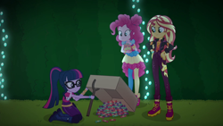 Size: 1920x1080 | Tagged: safe, screencap, pinkie pie, sci-twi, sunset shimmer, twilight sparkle, equestria girls, equestria girls series, g4, sunset's backstage pass!, spoiler:eqg series (season 2), female, music festival outfit