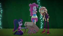 Size: 1920x1080 | Tagged: safe, screencap, pinkie pie, sci-twi, sunset shimmer, twilight sparkle, equestria girls, equestria girls specials, g4, my little pony equestria girls: better together, my little pony equestria girls: sunset's backstage pass, female, music festival outfit