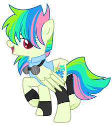 Size: 1278x1428 | Tagged: safe, artist:klewgcg, artist:rukemon, oc, oc only, oc:floor jack, pegasus, pony, base used, bedroom eyes, clothes, commission, female, fingerless gloves, gloves, goggles, leggings, mare, multicolored hair, open mouth, raised hoof, raised leg, show accurate, simple background, solo, tank top, transparent background, underhoof