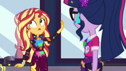 Size: 1920x1080 | Tagged: safe, screencap, sci-twi, sunset shimmer, twilight sparkle, equestria girls, equestria girls series, g4, sunset's backstage pass!, spoiler:eqg series (season 2), female, music festival outfit