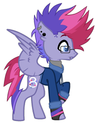Size: 785x1018 | Tagged: safe, artist:katnekobase, artist:rukemon, oc, oc only, oc:ultraviolet ray, pegasus, pony, icey-verse, base used, clothes, commission, ear piercing, earring, fingerless gloves, glasses, gloves, hoodie, jewelry, lip piercing, magical lesbian spawn, male, multicolored hair, offspring, parent:oc:elizabat stormfeather, parent:tempest shadow, parents:canon x oc, parents:stormshadow, piercing, shirt, simple background, solo, stallion, transparent background, wristband