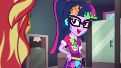 Size: 1920x1080 | Tagged: safe, screencap, sci-twi, sunset shimmer, twilight sparkle, equestria girls, equestria girls series, g4, sunset's backstage pass!, spoiler:eqg series (season 2), female, messy, music festival outfit, paint