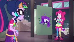 Size: 1920x1080 | Tagged: safe, screencap, pinkie pie, rarity, sci-twi, twilight sparkle, equestria girls, equestria girls specials, g4, my little pony equestria girls: better together, my little pony equestria girls: sunset's backstage pass, facial hair, female, moustache, music festival outfit, shoes, sneakers