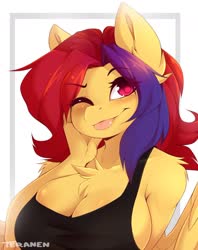 Size: 1200x1513 | Tagged: safe, artist:teranen, oc, oc:berry slice, pegasus, anthro, :p, big breasts, breasts, bust, chest fluff, cleavage, cleavage fluff, ear fluff, multicolored hair, one eye closed, tongue out, wink
