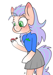 Size: 2000x2800 | Tagged: safe, artist:katyusha, oc, oc only, oc:maybree, earth pony, lizard, semi-anthro, arm hooves, bandaids, blushing, clothes, cute, female, filly, freckles, green eyes, high res, long hair, miniskirt, pleated skirt, purple hair, skirt, smiling, solo, tomboy, white hooves